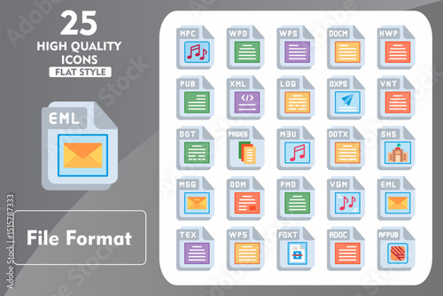 File Format Flat Icon Set. Incleded Icons MPC, WPD, WPS, DOCM, HWP, PUB, XML, LOG. Vector Icons Collection