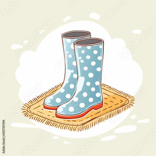 Cute spotted gumboots on a mat in a cozy flat design