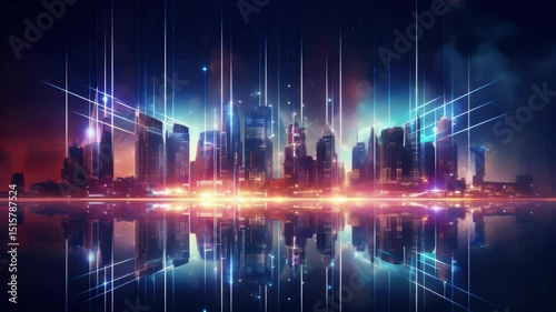 cityscape with space and neon light effect. Modern hi-tech, science, futuristic technology concept. Abstract digital high tech city design for banner background
