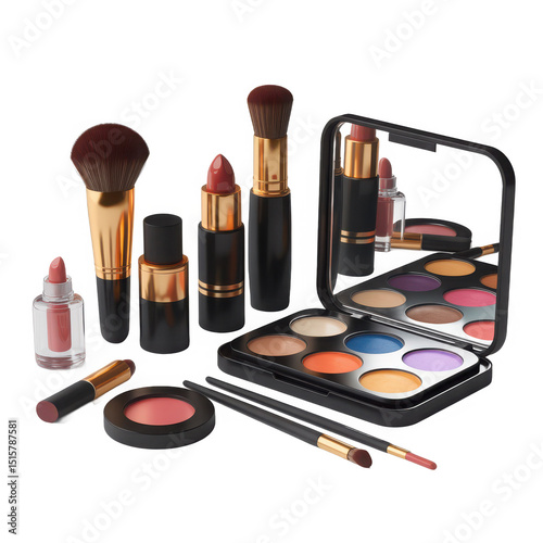Makeup collection with brushes and palette isolated on transparent background