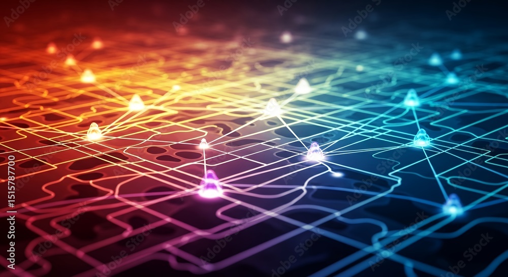 Naklejka premium Abstract Futuristic Network Map: Glowing Nodes and Connections
