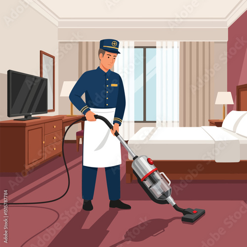 Hotel Staff Vacuuming Red Carpet Floor in Guest Room Illustration