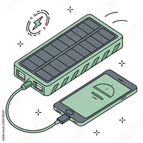 Illustration of a solar power bank charging a smartphone with a charging symbol on the screen