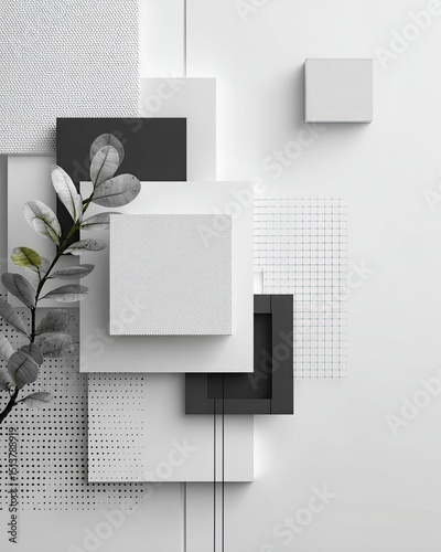 Abstract monochrome composition of layered squares, textured backgrounds, and a single sprig of grey-green foliage