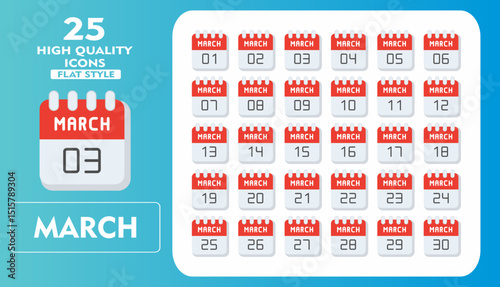 March Flat Icon Set. Incleded Icons 1  March, 2  March, 3  March, 4  March, 5  March, 6  March, 7  Marc. Vector Icons Collection