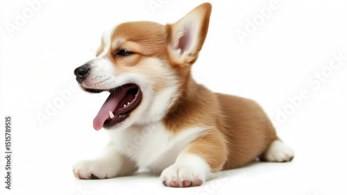 cute puppy with a tongue sticking out. The puppy is sitting on a white background. The puppy has a happy expression on its face