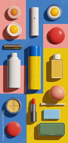 Colorful makeup and cosmetic products arranged on a vibrant, geometric background in pink, blue, and yellow.
