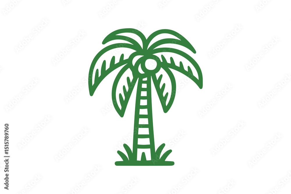 Obraz premium Green Outline Vector Illustration of a Palm Tree with Coconuts and Grass