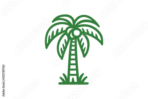 Green Outline Vector Illustration of a Palm Tree with Coconuts and Grass