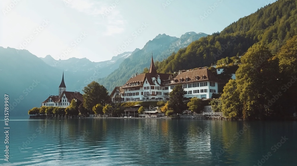 Fototapeta premium Scenic Swiss lakeside resort amidst majestic mountains and pristine waters