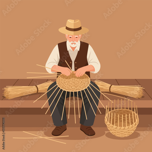 Craftsman Weaving Basket by Hand, Traditional Craft Activity Illustration