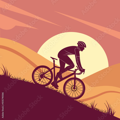 Silhouette of cyclist riding bicycle uphill against sunset with orange sky and yellow sun background
