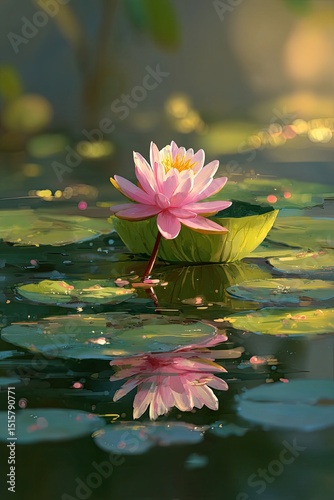Pink water lily afloat on calm water, sunlight illuminating its petals and reflecting in the still surface, surrounded by lily pads