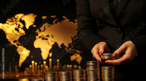 Businesswoman stacking gold coins with world map in background, symbolizing global finance and investment opportunities. scene conveys ambition and prosperity