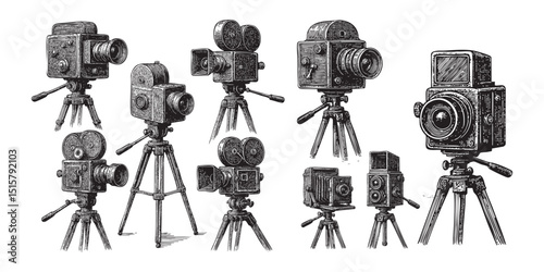 Retro movie camera set woodcut engraving vector illustration