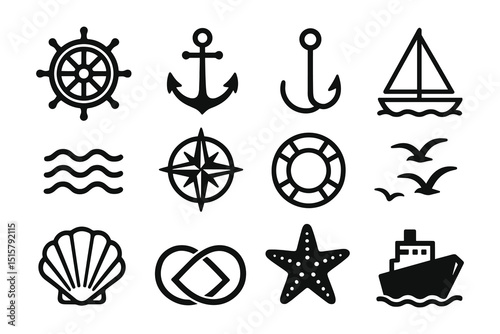 Nautical Marine Vector Icons Set Sailing and Ocean Line Art Symbols Collection