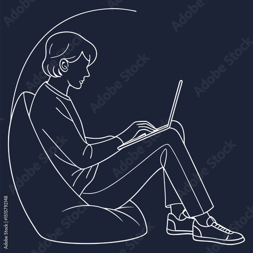 A minimalist line drawing of a person sitting on a beanbag chair using a laptop on a dark background