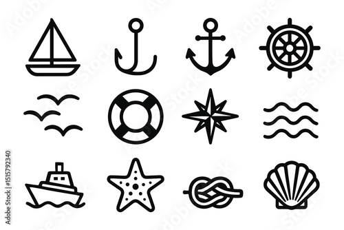 Nautical Sea Vector Icons Set Marine and Sailing Line Art Symbols Collection