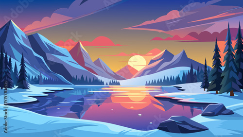 Majestic Sunset over Snowy Mountains and Tranquil Lake