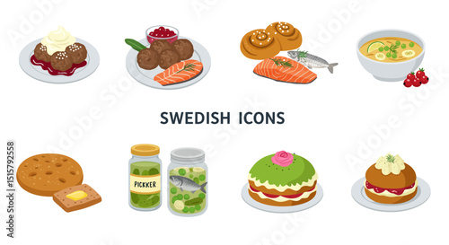 Swedish Food Icons Traditional Cuisine Vector.