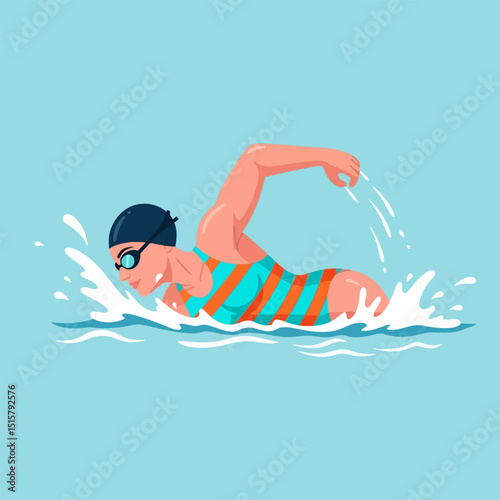 Woman Swimming Freestyle Stroke in Water with Striped Swimsuit