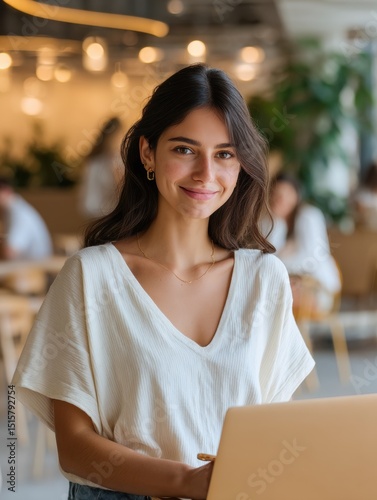 Smiling woman in cafe with laptop 