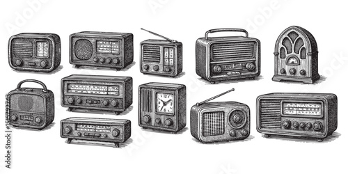 vintage radio set woodcut engraving vector illustration