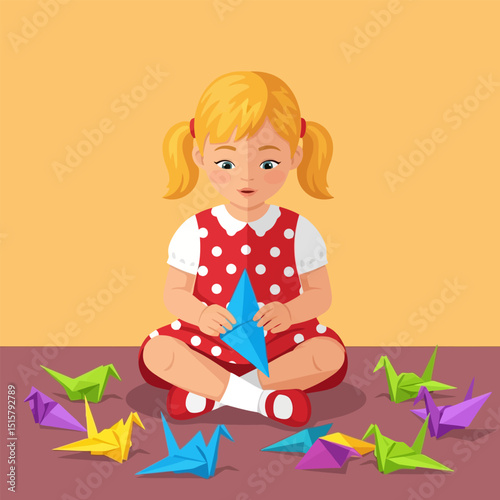 Girl Holds Origami Crane Sitting with Folded Birds Around Her