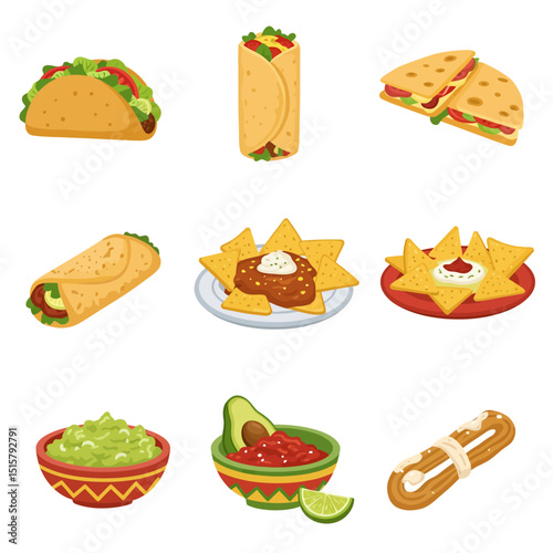 Mexican Food Icons with Taco, Burrito, and Guacamole.