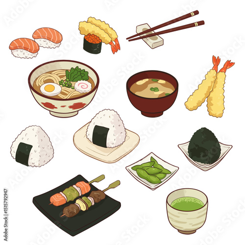 Japanese Food Illustration Sushi with Ramen, and Onigiri.