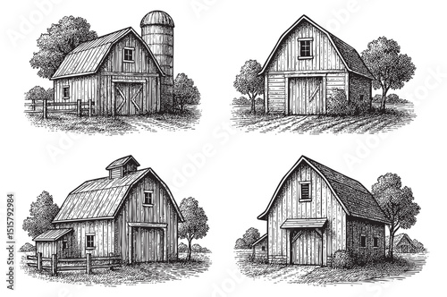 barn farm set woodcut engraving vector illustration