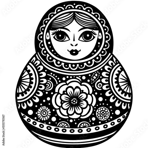 Ornate black and white matryoshka doll illustration