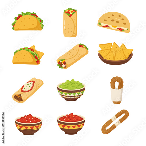 Mexican food set Taco with burrito, and nachos.