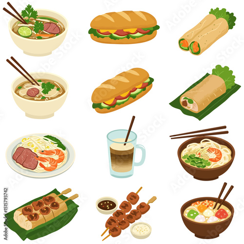 Asian Food Set Noodles with Soup, Sandwich, and Rolls.