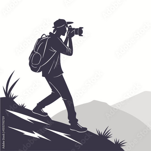 Silhouette of a photographer with backpack taking a picture in a mountainous landscape illustration