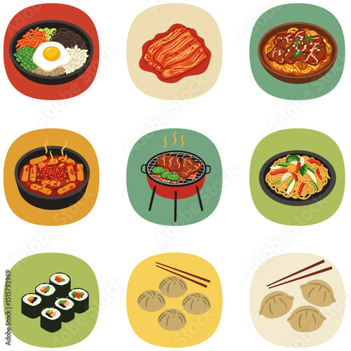 Korean food set Bibimbap with sushi and kimchi.