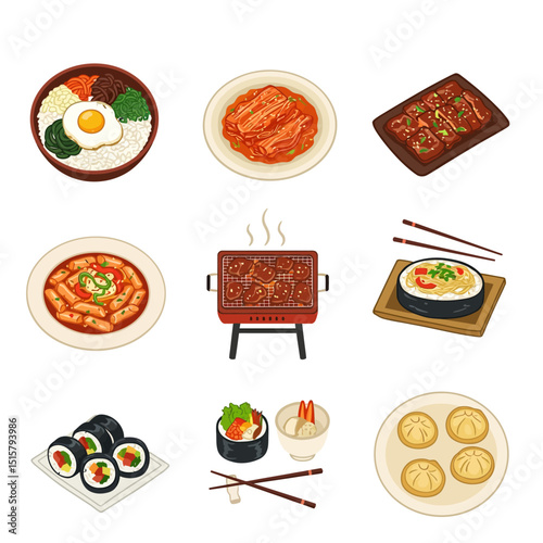Korean food set on white background.