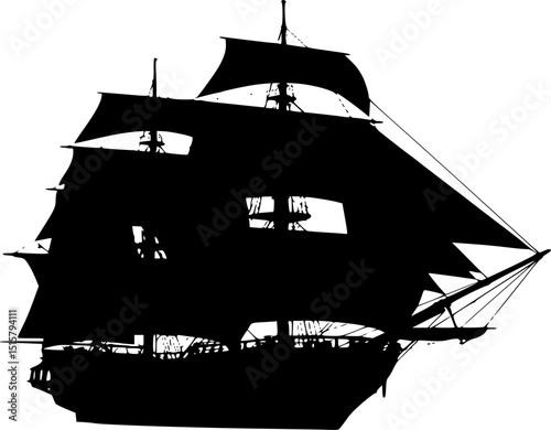 A silhouette of a sailing ship with three masts and billowing black sails, floating on a white background.