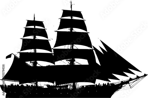 A silhouette of a sailing ship with three masts and billowing black sails, floating on a white background.