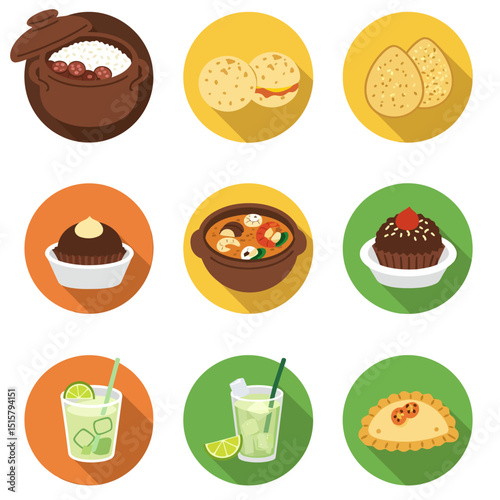 Brazilian Cuisine Icons Vector Flat Design.