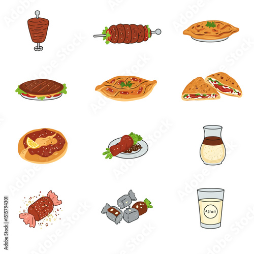 Middle Eastern Food Icons with Vector Illustration.
