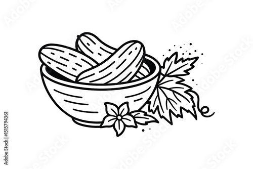 Outline Vector Illustration of Pickled Cucumbers in Bowl, Food, Vegetables, and Harvest