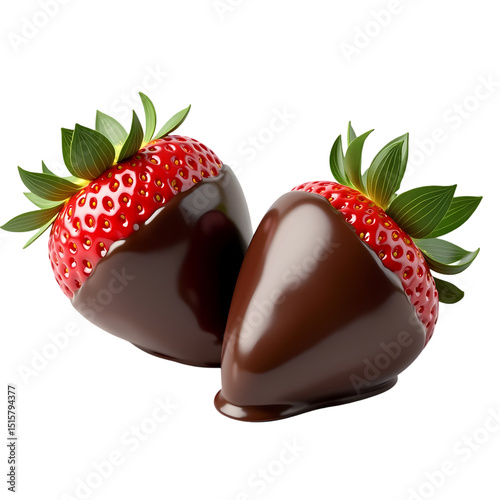 Two strawberries partially dipped in rich dark chocolate  close up view isolated on transparent background