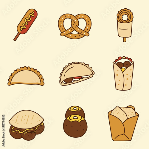 Street Food Icons Snack Collection Beige Background.