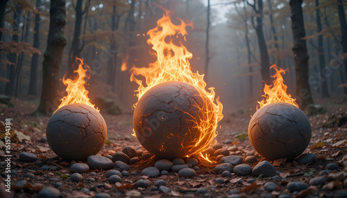fire in the fireplace
Three Dark Grey Stone Spheres Burning with Flames in Autumn Forest.