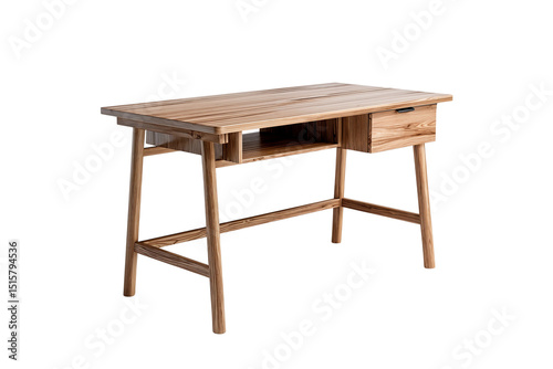 Modern wooden desk with a drawer and open shelf, ideal for home office or study. Clean design and natural wood finish on transparent png