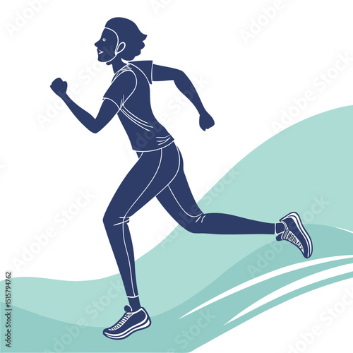 A stylized illustration of a woman running in athletic wear against a teal and white background design