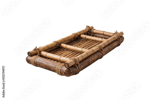 Traditional handmade bamboo raft tied with rope, isolated on transparent background, design for survival, adventure, or nature