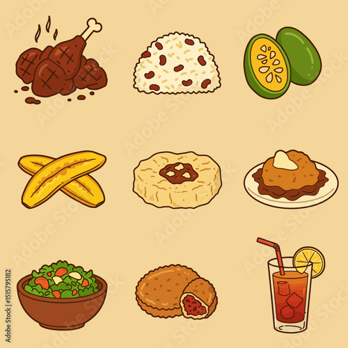 Caribbean food Cuisine icon set.