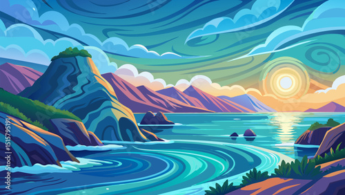 Sunset over the Ocean. Serene Coastal Mountain Landscape